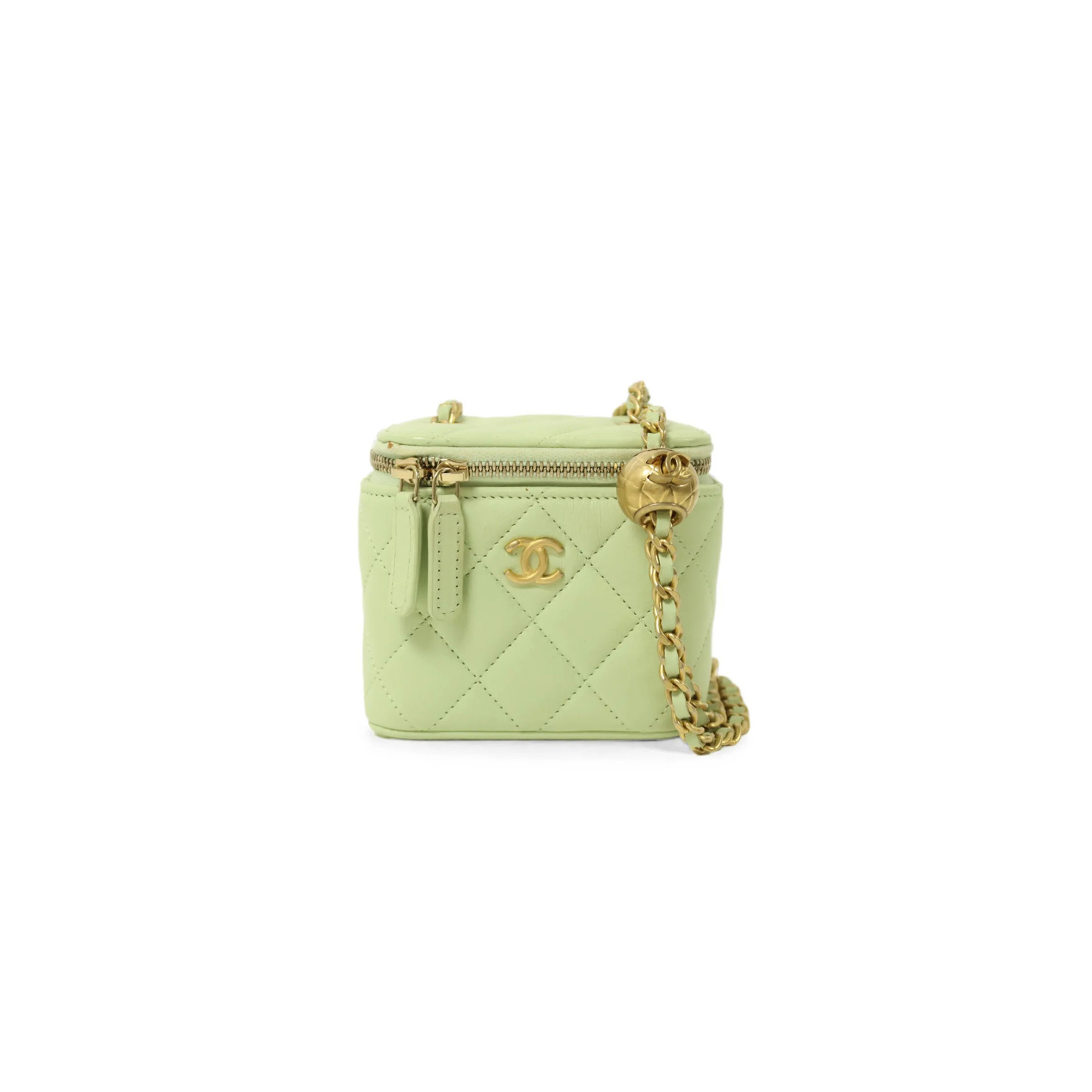 CHANEL LAMBSKIN QUILTED PEARL CRUSH MINI VANITY CASE WITH CHAIN LIGHT GREEN AS1447 (11*8.5*7cm)